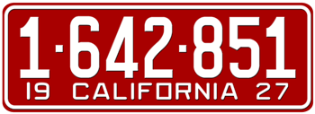 1927 CALIFORNIA CAR / TRUCK LICENSE PLATE - 5"x14"