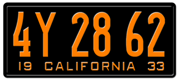1933 CALIFORNIA CAR / TRUCK LICENSE PLATE - 6"x14"
