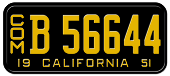 1951 CALIFORNIA COMMERCIAL CAR / TRUCK LICENSE PLATE - 6"x14"