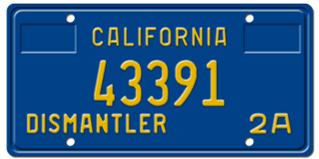 1969-1986 DISMANTLER CALIFORNIA CAR / TRUCK LICENSE PLATE - 6"x12"